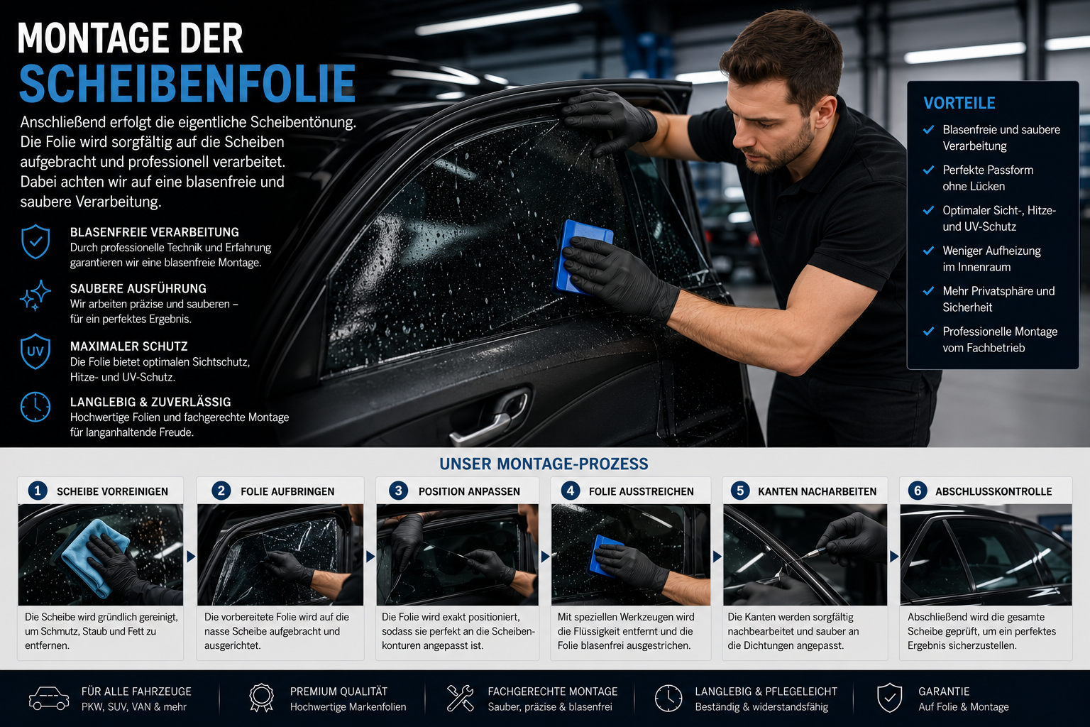 Professionelle Montage der Scheibenfolie – Scheibenfolierungszentrum München
